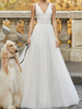 Robes De Mariée Vintage avec Traîne Col V Robe à Bretelle En Tulle Robe Trapèze Robe de Mariage