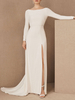 Robes de mariée vintage col bijou manches longues taille naturelle crêpe extensible avec train robes de mariée en dentelle