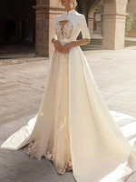 Robes de mariée vintage col en V demi-manches tulle avec traîne robe de mariée en dentelle