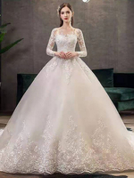 Robes De Mariée Vintage Eric White Jewel Neck Manches Longues Taille Naturelle Satin Tissu Cathédrale Train Applique Robes Traditionnelles Pour La Mariée