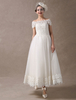 Robes de mariée vintage ivoire en tulle col bateau manche courte longueur cheville boutonné sur dos robe de mariage