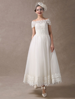 Robes de mariée vintage ivoire en tulle col bateau manche courte longueur cheville boutonné sur dos robe de mariage