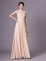 Robes de mère de champagne perlée sans manches en mousseline de soie maxi robe de soirée de mariage