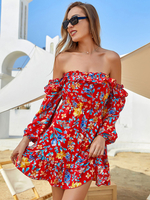 Robes de Patineuse Femmes Imprimés Courtes Etés avec Manches Longues Amples avec Epaules Dénudées Coupe Cintrée Elastique Bas Evasée Etés Sexy