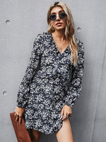 Robes de Patineuses Courtes Femmes Imprimés robe fleurie à Col V avec Manches Longues Amples Coupe Cintrée Bicolores Etés Sexy