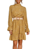 Robes de Patineuses Courtes Imprimés Femmes à Col Montant avec Manches Longues Volantes Coupe Cintrée avec Ceinture Bas Evasée Bicolores