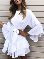 Robes de Patineuses Femmes Courtes à Col Rond avec Manches Longues Volantes Coupe Cintrée avec Ceinture à Lacets Bas Evasée Unicolore