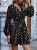 Robes de Patineuses Imprimés Pois Courtes Femmes à Col V avec Manches Longues Amples Transparentes Coupe Cintrée Bas Evasée Bicolores