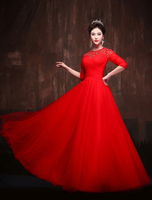 Robes de Quinceanera Rouge Keyhole Dentelle Tulle Demi-manches Maxi De Luxe Femmes Pageant Robe De Soirée