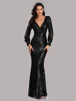 Robes De Soirée À Sequins Robe Longue Semi-formelle À Col En V Manches Longues