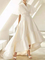 Robes de soirée à volants col en V blanc manches courtes robe longue semi-formelle superposée