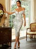 Robes de soirée argentées à épaules dénudées et décolleté en cœur à franges robe mi-longue semi-formelle pour femmes 2025