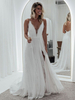 Robes de soirée blanc col en V dentelle sans manches épaule ouverte fendue devant longue robe semi-formelle