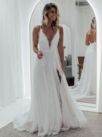 Robes de soirée blanc col en V dentelle sans manches épaule ouverte fendue devant longue robe semi-formelle