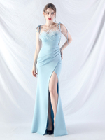 Robes de soirée bleu ciel clair bretelles cou plumes sans manches robe semi-formelle à fente haute