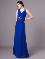 Robes de soirée bleu royal à col en V en mousseline de soie perles Maxi plissé Robe de mère