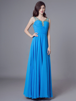 Robes de soirée bleues en mousseline de soie perles longue robe de bal cou maxi