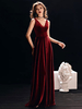 Robes de soirée bordeaux bretelles v - cou velours robe longue de bal sans manches