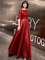 Robes de soirée bordeaux demi-manches paillettes satin longueur de plancher longue robe de bal