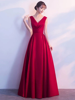 Robes de Soirée Bordeaux Longue Col V Sans Manches Plissée Une Ligne Longueur Robe de Soirée