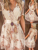 Robes de soirée Champagne col en V dentelle manches courtes robe asymétrique semi-formelle imprimée