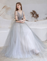 Robes de Soirée Cocktail Longues Femmes en Dentelles avec Paillettes Transparentes à Col Décolleté en V avec Manches Courtes Amples Coupe Cintrée Bas Evasée Unicolore