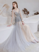 Robes de Soirée Cocktail Longues Femmes en Dentelles avec Paillettes Transparentes à Col Décolleté en V avec Manches Longues Amples Coupe Cintrée avec Dos Nu Bas Evasée Unicolore à Traîne