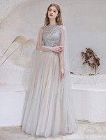 Robes de Soirée Cocktail Longues Femmes en Dentelles avec Paillettes Transparentes avec Cape à Col Rond sans Manches Bas Evasée Coupe Cintrée Unicolore