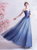 Robes de Soirée Cocktail Longues Femmes en Dentelles avec Paillettes Transparentes Dégradé de Bleu avec Bretelles à Col Carré avec Volants Coupe Cintrée Bas Evasée
