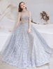 Robes de Soirée Cocktail Longues Femmes en Dentelles avec Paillettes Transparentes Imprimés à Col Montant Volant avec Manches Courtes Volantes Coupe Cintrée Bas Evasée Bicolores