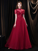 Robes de Soirée Cocktail Longues Femmes en Dentelles Rouge avec Paillettes Transparentes à Col Montant avec Manches Courtes Imprimés avec Dos Nu à Lacets Bas Evasée Coupe Cintrée Unicolore Sexy