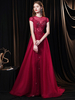Robes de Soirée Cocktail Longues Femmes en Dentelles Rouge avec Paillettes Transparentes à Col Rond avec Manches Courtes Imprimés et Creusantes Bas Evasée Coupe Cintrée Unicolore Sexy