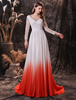 Robes de Soirée Cocktail Longues Femmes en Mousselines Cousu en Dentelles Dégradé de Orange à Col Décolleté en V avec Manches Longues avec Dos Nu à Lacets Coupe Cintrée Bas Evasée à Traîne