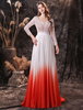 Robes de Soirée Cocktail Longues Femmes en Mousselines Cousu en Dentelles Dégradé de Orange à Col Décolleté en V avec Manches Longues avec Dos Nu à Lacets Coupe Cintrée Bas Evasée