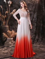 Robes de Soirée Cocktail Longues Femmes en Mousselines Cousu en Dentelles Dégradé de Orange à Col Décolleté en V avec Manches Longues avec Dos Nu à Lacets Coupe Cintrée Bas Evasée