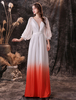 Robes de Soirée Cocktail Longues Femmes en Mousselines Cousu en Dentelles Dégradé de Orange à Col Décolleté en V avec Manches Mi-longues Amples avec Dos Nu à Lacets Coupe Cintrée Bas Evasée