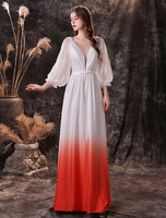 Robes de Soirée Cocktail Longues Femmes en Mousselines Cousu en Dentelles Dégradé de Orange à Col Décolleté en V avec Manches Mi-longues Amples avec Dos Nu à Lacets Coupe Cintrée Bas Evasée