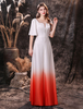 Robes de Soirée Cocktail Longues Femmes en Mousselines Cousu en Dentelles Dégradé de Orange à Col Décolleté en V avec Manches Mi-longues Volantes avec Dos Nu à Lacets Coupe Cintrée Bas Evasée