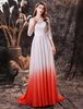 Robes de Soirée Cocktail Longues Femmes en Mousselines Cousu en Dentelles Dégradé de Orange à Col Rond avec Manches Mi-longues avec Dos Nu à Lacets Coupe Cintrée Bas Evasée à Traîne