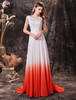 Robes de Soirée Cocktail Longues Femmes en Mousselines Cousu en Dentelles Dégradé de Orange à Col Rond sans Manches avec Dos Nu à Lacets Coupe Cintrée Bas Evasée à Traîne