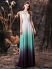 Robes de Soirée Cocktail Longues Femmes en Mousselines Cousu en Dentelles Dégradé de Vert à Col Rond sans Manches avec Dos Nu à Lacets Coupe Cintrée Bas Evasée