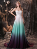 Robes de Soirée Cocktail Longues Femmes en Mousselines Cousu en Dentelles Dégradé de Vert avec Epaules Nues sans Manches avec Dos Nu à Lacets Coupe Cintrée Bas Evasée à Traîne