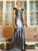 Robes de Soirée Cocktail Longues Femmes en Paillettes en Satins Moulantes à Col Décolleté en V avec Manches Courtes Coupe Cintrée Fente Latérale Bas Evasée Unicolore Sexy