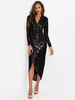 Robes de Soirée Cocktail Longues Femmes en Paillettes Moulantes à Col Décolleté en V avec Manches Longues Coupe Cintrée Fente Latérale Unicolore Sexy