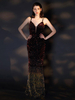 Robes de Soirée Cocktail Longues Femmes en Paillettes Sirène Dégradé de Rouge avec Bretelles à Col Décolleté en V sans Manches avec Dos Nu à Lacets Coupe Cintrée Bicolores Sexy