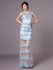 Robes de soirée en dentelle formelle pastel bleu illusion gaine de perles longue robe de bal