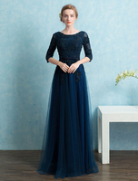 Robes de soirée en dentelle Tull A Line Longueur de sol Mère de la mariée Robes Backless Beading Applique Demi-manche Robe de soirée
