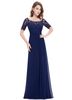 Robes de soirée en mousseline de soie Applique en dentelle Mère de la mariée Robes Dark Navy Short Sleeve Slit Robes invités de mariage