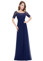 Robes de soirée en mousseline de soie Applique en dentelle Mère de la mariée Robes Dark Navy Short Sleeve Slit Robes invités de mariage
