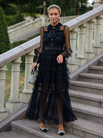 Robes De Soirée Gris Clair Col Rabattu Nœuds Manches Longues À Pois Dentelle